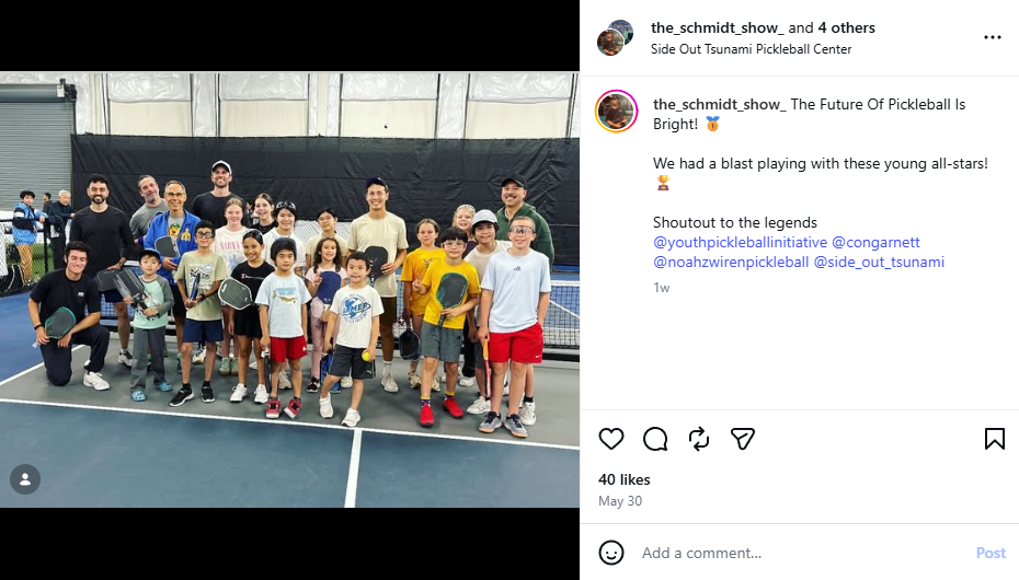 Sideout Tsunami Instagram post — The Future Of Pickleball Is Bright, youth clinic with Connor Garrett